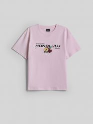 4F T-shirt loose z nadrukiem damski - różowy XS. Czerwone t-shirty damskie 4F, xs, bez wzorów, z bawełny, bez kołnierzyka. Za 69.99 zł.