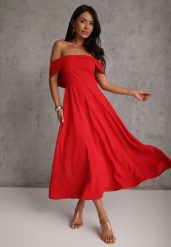 Czerwona Rozkloszowana Sukienka Koktajlowa VICES z Hiszpańskim Dekoltem Neamerianne. Czerwone sukienki damskie Renee, bez wzorów, eleganckie, bez ramiączek. Za 199.99 zł.