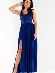 Sukienka Model A486 Blue - awama. Niebieskie sukienki damskie Awama, z aplikacjami, z elastanu, eleganckie, bez ramiączek. Za 610.80 zł.