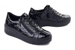 Rieker N2555-02 black, półbuty damskie. Czarne półbuty damskie Rieker, na lato, bez wzorów, bez obcasa, bez zapięcia. Za 389.90 zł.