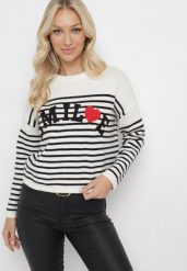 Beżowo-Czarny Sweter w Paski Ozdobiony Napisem Duvuo. Brązowe swetry klasyczne damskie Born2be, z dzianiny, bez kołnierzyka. Za 119.99 zł.