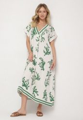 Zielono-Beżowa Sukienka z Lnem i Wiskozą o Pudełkowym Kroju Sadirene. Zielone sukienki damskie Born2be, bez wzorów, z wiskozy, eleganckie, bez ramiączek. Za 99.99 zł.