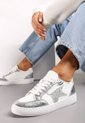 Srebrne Sneakersy z Brokatowymi Wstawkami i Gwiazdką Reniva. Białe obuwie sportowe damskie Renee, bez zapięcia. Za 74.99 zł.