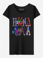 WOOOP Koszulka "Hakuna Matata" w kolorze czarnym rozmiar: L. Czarne koszulki damskie Wooop, l, bez wzorów, z bawełny, bez kołnierzyka, bez ramiączek. Za 74.81 zł.