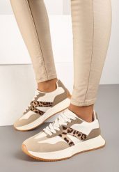 Beżowo-Białe Płaskie Sneakersy z Geometrycznym Wzorem w Panterkę Nawla. Brązowe obuwie sportowe damskie Born2be, bez zapięcia. Za 119.99 zł.