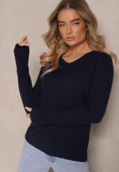Granatowy Minimalistyczny Sweter z Dekoltem w Kształcie Litery V Sinovae. Niebieskie swetry klasyczne damskie Renee, m, z jeansu, bez kołnierzyka. Za 44.99 zł.
