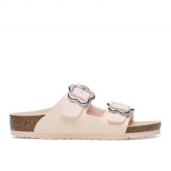Klapki damskie Birkenstock Arizona. Białe klapki damskie Birkenstock, bez wzorów, z materiału, bez obcasa, bez zapięcia. Za 233.10 zł.
