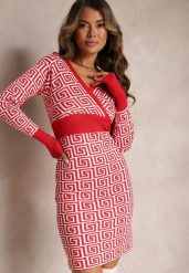 Czerwona Sukienka Mini ze Sweterkowej Dzianiny z Geometrycznym Wzorem Manounetta. Czerwone sukienki damskie Renee, bez wzorów, z dzianiny, eleganckie, bez ramiączek. W wyprzedaży za 79.99 zł.