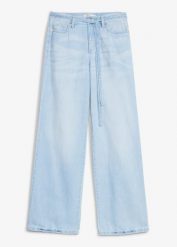 Jeansy wide leg, mid waist, z paskiem. Niebieskie jeansy damskie bonprix. Za 142.99 zł.