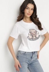 Biały T-shirt z Bawełny Ozdobiony Nadrukiem i Kokardą 3D Sanathien. Białe t-shirty damskie Born2be, l, z aplikacjami, z bawełny, bez kołnierzyka. Za 34.99 zł.