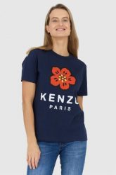 KENZO Granatowy t-shirt damski z czerwonym kwiatem. Niebieskie t-shirty damskie Kenzo, s, bez wzorów, bez kołnierzyka. W wyprzedaży za 379.99 zł.