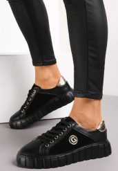 Czarno-Złote Sznurowane Sneakersy ze Skóry Breana. Czarne obuwie sportowe damskie Renee, ze skóry, bez zapięcia. Za 129.99 zł.