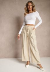 Beżowe Spodnie o Szerokim Kroju High Waist z Wiązaniem Fenalin. Brązowe spodnie materiałowe damskie Renee, bez wzorów, z jeansu. Za 44.99 zł.
