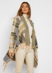Sweter bez zapięcia, z frędzlami. Białe swetry klasyczne damskie bonprix, z asymetrycznym kołnierzem. Za 149.99 zł.