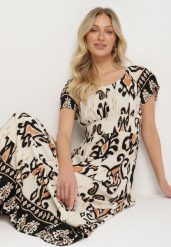 Jasnobeżowa Wiskozowa Sukienka z Geometrycznym Wzorem Cleanna. Brązowe sukienki damskie Born2be, z aplikacjami, z wiskozy, eleganckie, bez ramiączek. Za 79.99 zł.