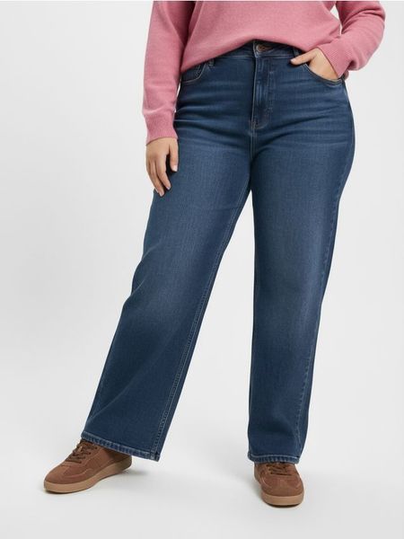 Jeansy wide leg z efektem sprania Plus size - granatowy. Niebieskie jeansy damskie Sinsay, plus size. Za 59.99 zł.