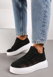 Czarne Sneakersy na Platformie przed Kostkę z Cholewką z Ażurowym Zdobieniem Ebivara. Czarne obuwie sportowe damskie Renee, na wiosnę, z jeansu, przed kostkę, bez zapięcia. Za 89.99 zł.