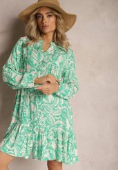 Zielona Rozkloszowana Sukienka Mini z Wiskozy w Koszulowym Stylu z Motywem Natury Berdia. Zielone sukienki damskie Renee, bez wzorów, z wiskozy, bez ramiączek. W wyprzedaży za 75.99 zł.