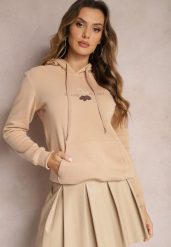 Beżowa Ocieplona Bluza z Kapturem Ozdobiona Naszywką i Napisem Eirellia. Brązowe bluzy damskie Renee, l, z aplikacjami, z dzianiny, z kapturem. Za 79.99 zł.