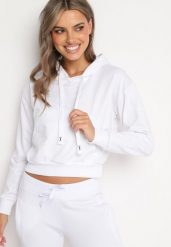 Biała Bluza z Dodatkiem Bawełny z Kapturem Wykończona Ściągaczami Evista. Białe bluzy damskie Born2be, l, bez wzorów, z bawełny, z kapturem. Za 39.99 zł.