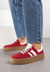 Czerwone Zamszowe Sneakersy na Grubej Podeszwie z Paskami i Skórzaną Wkładką Felenne. Czerwone obuwie sportowe damskie Born2be, z jeansu, bez zapięcia. Za 179.99 zł.