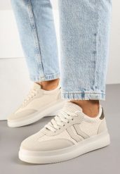 Beżowe Sneakersy Tenisówki Ozdobione Paskami Falovinia. Brązowe obuwie sportowe damskie Renee, z jeansu, bez zapięcia, tenisowe. Za 79.99 zł.