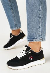 Czarne Sneakersy z Metalicznymi Wstawkami i Drobnym Haftem c. Czarne obuwie sportowe damskie Born2be, przed kostkę, bez zapięcia. Za 69.99 zł.