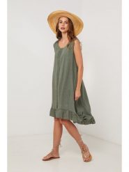 Lin Passion Lniana sukienka w kolorze khaki rozmiar: 36/38. Brązowe sukienki damskie Lin Passion, bez wzorów, ze lnu, klasyczne, bez ramiączek. Za 152.99 zł.