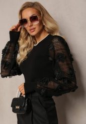 Czarny Sweter z Rękawami Ozdobionymi Kwiatami i Ażurową Koronką Persenor. Czarne swetry klasyczne damskie Renee, z dzianiny, bez kołnierzyka. Za 119.99 zł.