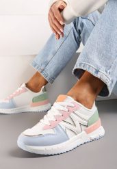 Biało-Niebieskie Sneakersy z Klasycznym Sznurowaniem i Wstawkami z Siateczki Veloraa. Białe obuwie sportowe damskie Renee, z materiału, bez zapięcia. Za 79.99 zł.