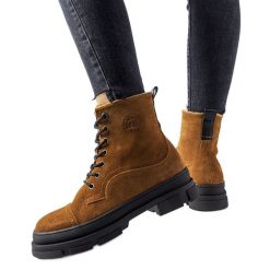 Brązowe skórzane workery Big Star KK274524. Brązowe botki damskie na zimę, z gumy, eleganckie, z okrągłym noskiem, za kostkę, bez obcasa, bez zapięcia. Za 418.22 zł.
