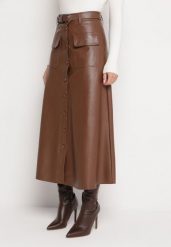 Brązowa Trapezowa Spódnica Midi z Ekoskóry na Guziki i Paskiem Stardia. Brązowe spódnice damskie Born2be, na co dzień, l, bez wzorów, eleganckie, midi. Za 169.99 zł.
