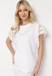 Biała Bawełniana Bluzka z Ozdobnymi Rękawami Narfia. Białe bluzki damskie Born2be, xl, bez wzorów, z bawełny, bez kołnierzyka, bez ramiączek. Za 59.99 zł.