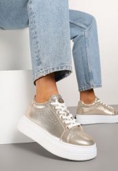 Złote Sneakersy Vices na Grubej Podeszwie z Perforacją i Napisem Nonadwin. Żółte obuwie sportowe damskie Born2be, z jeansu, bez zapięcia, trekkingowe. Za 109.99 zł.