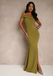 Jasnozielona Sukienka Koktajlowa Typu Hiszpanka z Rozcięciem na Nogę Hallomea. Zielone sukienki damskie Renee, bez wzorów, eleganckie, bez ramiączek. Za 109.99 zł.