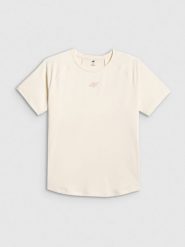 4F Koszulka treningowa regular szybkoschnąca damska - biała S. Białe bluzki damskie 4F, s, bez wzorów, z materiału, bez kołnierzyka, bez ramiączek. Za 99.99 zł.