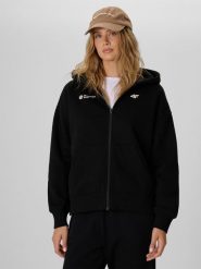 4F Bluza dresowa relaxed z kapturem damska - czarna XL. Czarne bluzy damskie 4F, xl, bez wzorów, z dresówki, z kapturem. Za 199.99 zł.