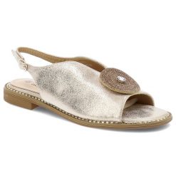 Złote Sandały S.Barski Eleganckie Obuwie Damskie. Żółte sandały damskie S.BARSKI, z aplikacjami, ze skóry ekologicznej, bez obcasa, bez zapięcia. Za 139.00 zł.