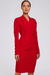 Sukienka elegancka kopertowa sukienka midi z marszczeniami czerwona. Czerwone sukienki damskie Sukienki.shop, bez wzorów, biznesowe, bez ramiączek. Za 429.00 zł.