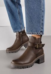 Brązowe Botki w Stylu Sztybletów na Niskim Obcasie z Paskiem ze Sprzączką Lathorie. Brązowe botki damskie Renee, z jeansu, klasyczne, bez obcasa, na obcasie, bez zapięcia. Za 139.99 zł.