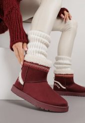 Bordowe Śniegowce o Wsuwanym Fasonie z Haftem i Futrem przy Cholewce Mevinadia. Czerwone śniegowce damskie Renee, z jeansu. Za 109.99 zł.