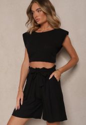 Czarne Szorty z Wiskozy High Waist Ozdobione Paskiem Lumilirae. Czarne szorty damskie Renee, bez wzorów, z wiskozy, z podwyższonym stanem. Za 34.99 zł.