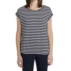 Koszulka turystyczna damska Tom Tailor Striped Crew-Neck. Białe koszulki damskie Tom Tailor, bez wzorów, z elastanu, bez kołnierzyka, bez ramiączek. Za 88.55 zł.