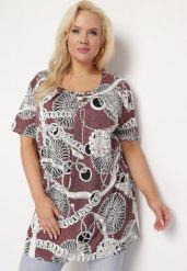 Ciemnoróżowa Elastyczna Bluzka z Krótkim Rękawem z Oryginalnym Nadrukiem i Klamrą Dordria. Czerwone bluzki damskie Born2be, m, bez wzorów, bez kołnierzyka, bez ramiączek. Za 44.99 zł.