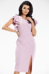 Elegancka sukienka ołówkowa dekolt V i falbanki na ramionach róż. Czerwone sukienki damskie Awama, bez wzorów, eleganckie, bez ramiączek. Za 349.00 zł.