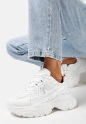 Białe Sneakersy na Grubej Podeszwie z Metalicznymi Wstawkami i Siateczką Aterim. Białe obuwie sportowe damskie Born2be, bez zapięcia. Za 89.99 zł.