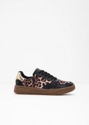 Sneakersy ze wzorem w panterkę. Czarne obuwie sportowe casual damskie bonprix, bez zapięcia. Za 59.99 zł.