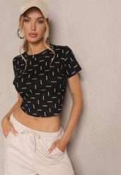 Czarny T-shirt z Bawełny Ozdobiony Brokatem Olindara. Czarne t-shirty damskie Renee, m, z aplikacjami, z bawełny, bez kołnierzyka. Za 39.99 zł.