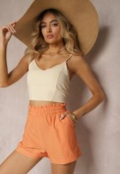 Pomarańczowe Szorty High Waist z Gumką w Pasie Kerpia. Brązowe szorty damskie Renee, bez wzorów, z bawełny, z podwyższonym stanem. Za 39.99 zł.