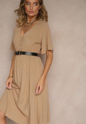Ciemnobeżowa Rozkloszowana Sukienka z Bawełnianej Tkaniny Lirioneae. Brązowe sukienki damskie Renee, bez wzorów, z bawełny, eleganckie, bez ramiączek. Za 49.99 zł.